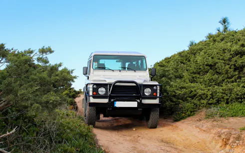 4x4 Jeep on a dirt path during Cape Espichel tour, surrounded by greenery.