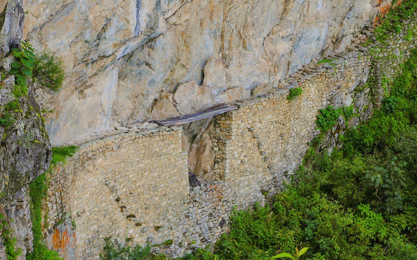 Quechua woman crossing rope bridge, one of the last standing Incan handwoven bridges