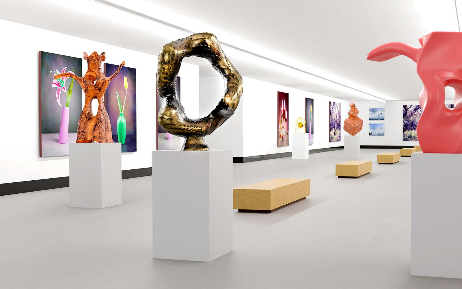 3D installations in a modern art gallery, showcasing contemporary sculptures and interactive exhibits.