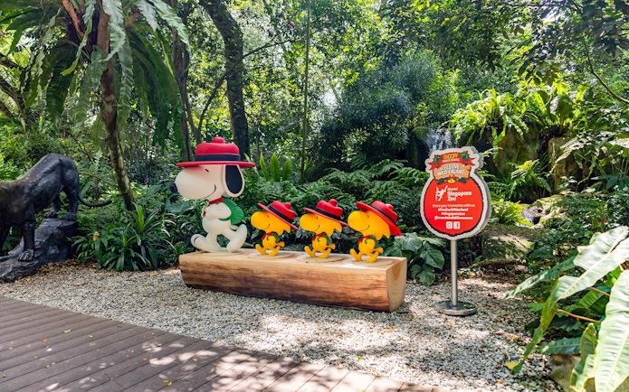 Snoopy and Beagle Scouts statues at Singapore Zoo amidst lush greenery.