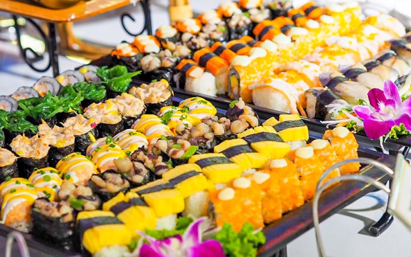 Assorted sushi platter on Smile Riverside Dinner Cruise buffet.