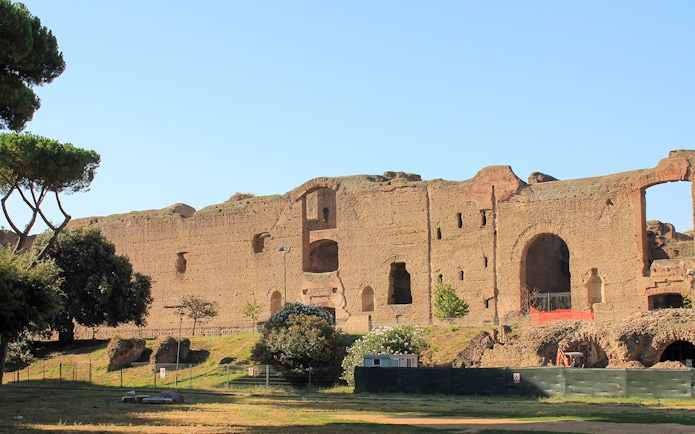 Ruin of the Circus of Maxentius on Appian Way, Rome, Italy, with ancient brick walls.
