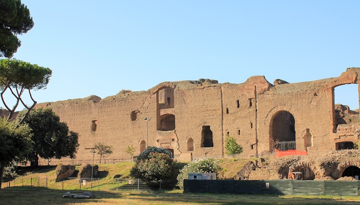 Ruin of the Circus of Maxentius on Appian Way, Rome, Italy, with ancient brick walls.