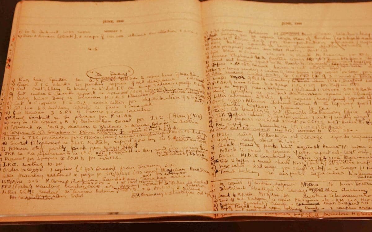 Handwritten notes from June 1944 in the Churchill War Rooms, London.