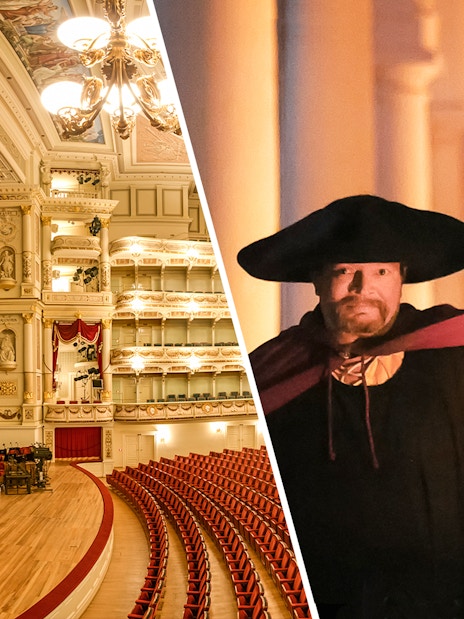 Semperoper interior and Dresden night watchman with lantern.
