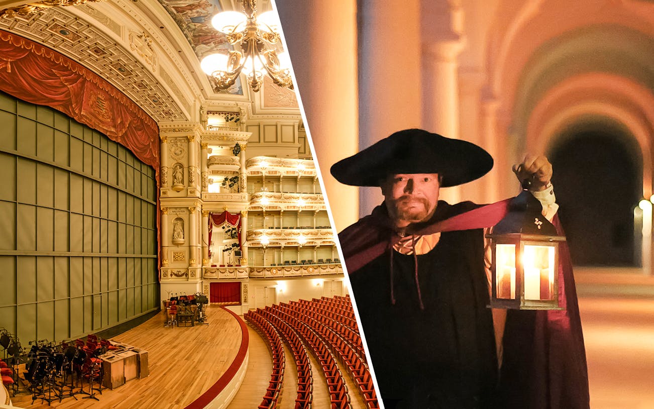 Semperoper interior and Dresden night watchman with lantern.