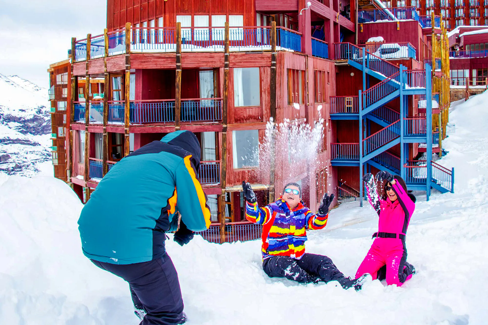 Tourists enjoying a snowball fight at Valle Nevado resort, Santiago.