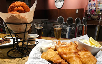 Onion rings and fish and chips with beer samples at Silver Gulch Brewery, Fairbanks.