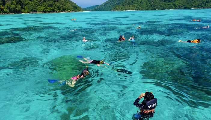 Snorkelers exploring clear waters near Surin Island, Thailand, with lush green hills in the background.