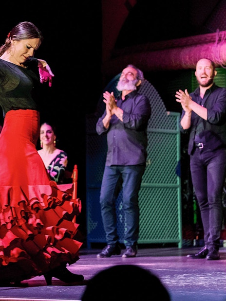 Flamenco dancer performing with a red fan at Only Flamenco, Seville.