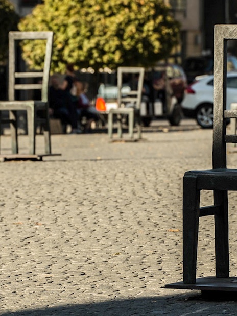 Chairs in Krakow's Jewish Quarter memorializing Holocaust victims.