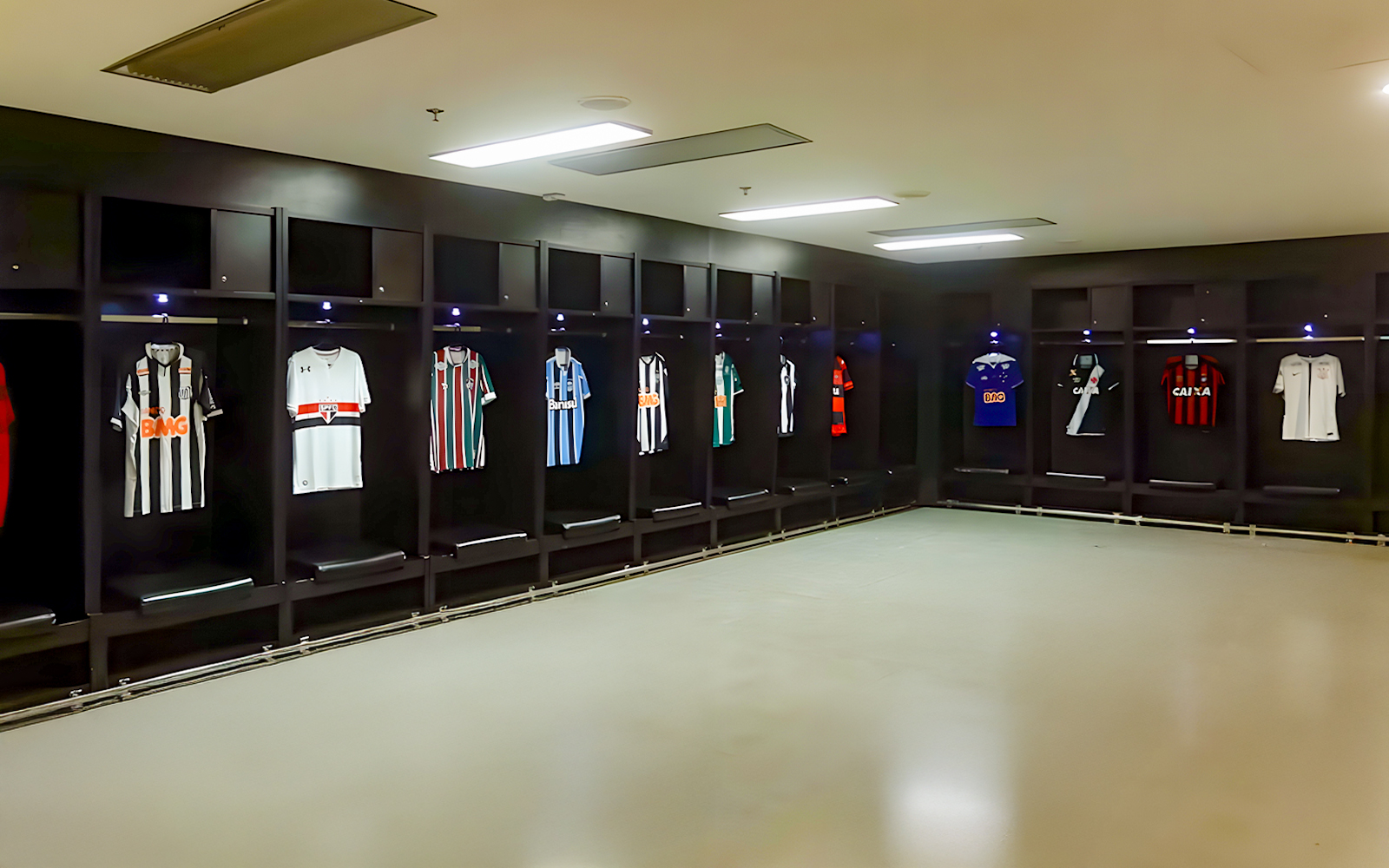 Player jerseys in the Maracanã Stadium dressing room, Brazil.