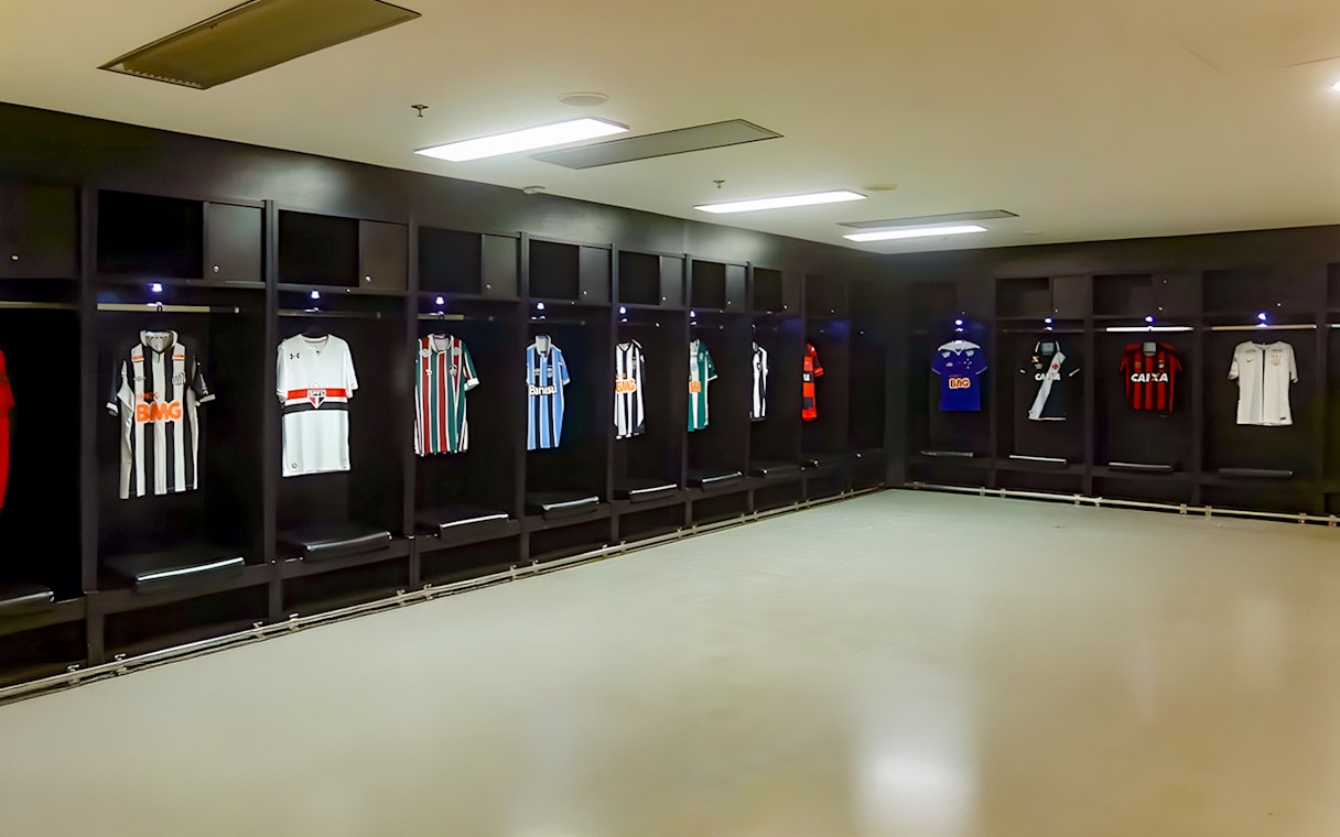 Player jerseys in the Maracanã Stadium dressing room, Brazil.
