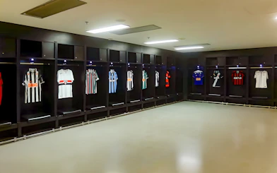 Player jerseys in the Maracanã Stadium dressing room, Brazil.