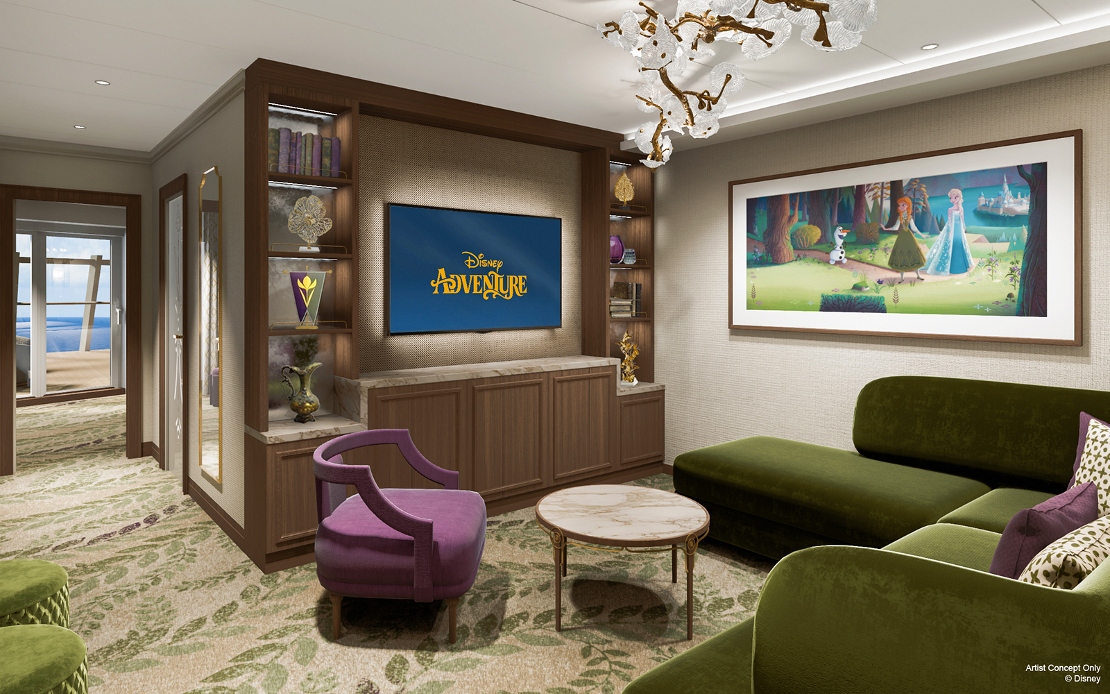 Concierge Suite with oceanview verandah on Disney Adventure Cruise, featuring elegant decor and seating.