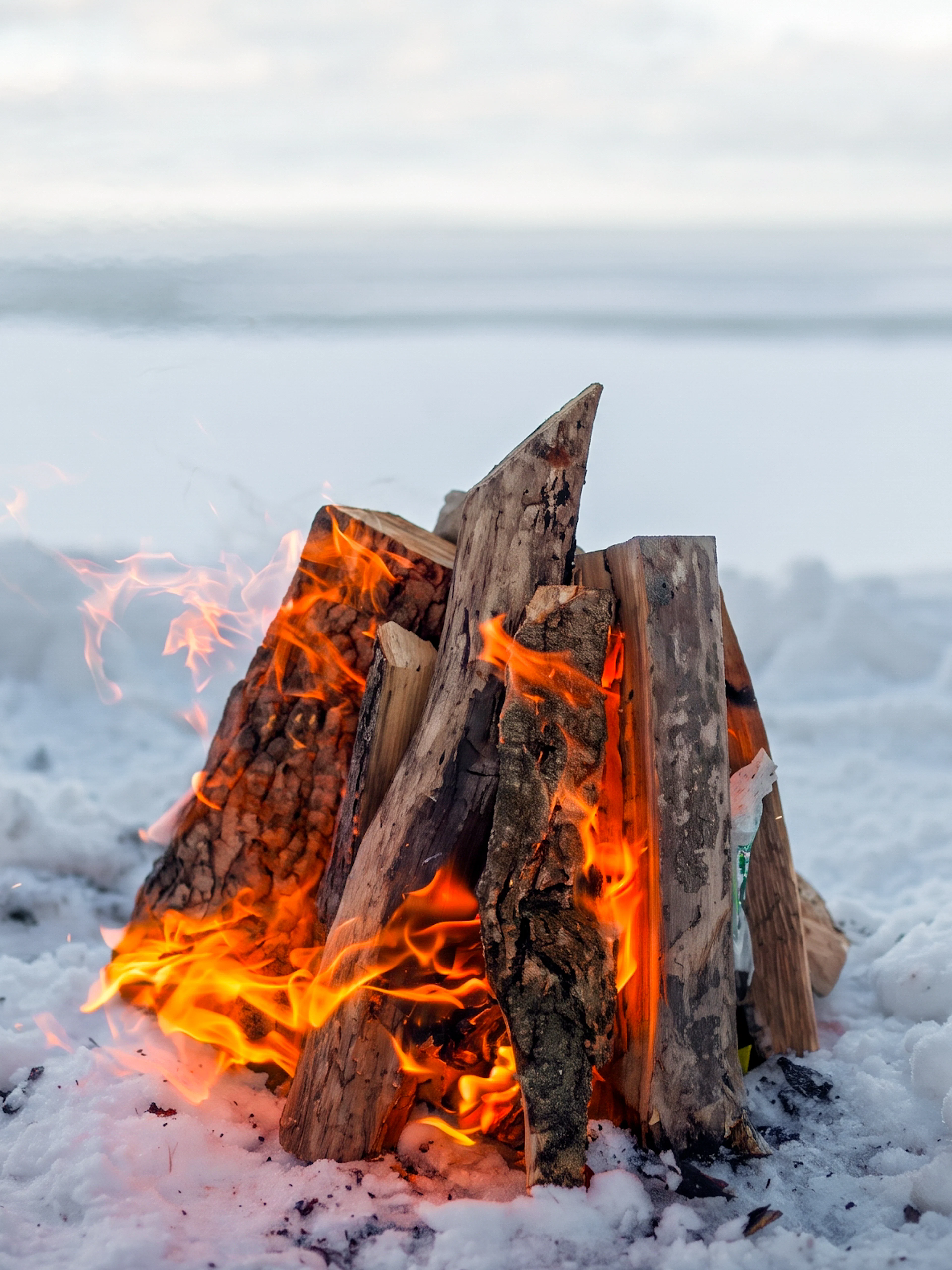 Campfire burning on snowy landscape during snowmobile safari in Rovaniemi.