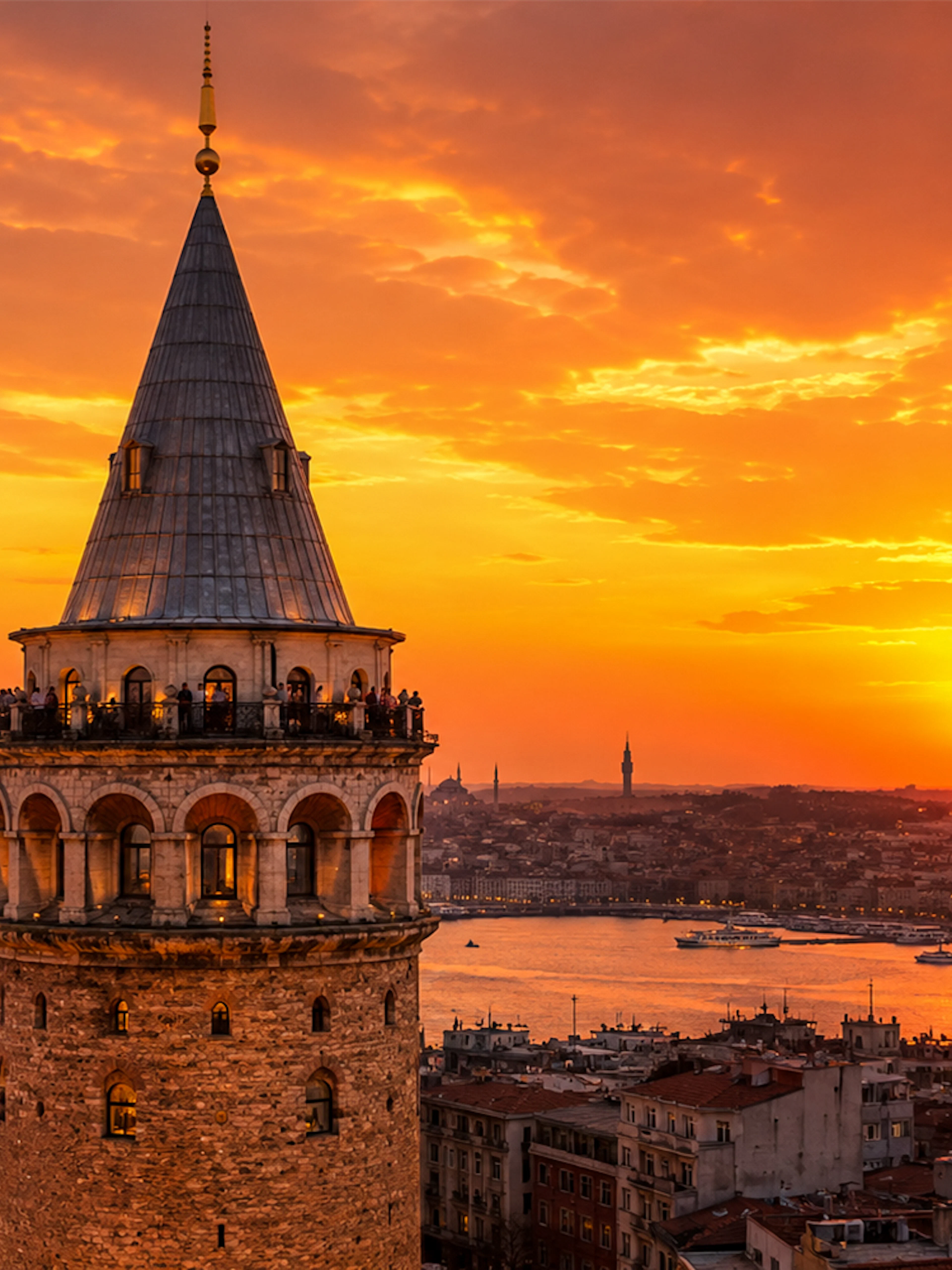 Galata Tower overlooking Istanbul at sunset with cityscape and Bosphorus views.