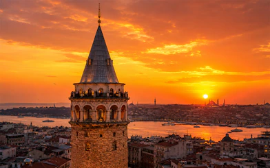 Galata Tower overlooking Istanbul at sunset with cityscape and Bosphorus views.