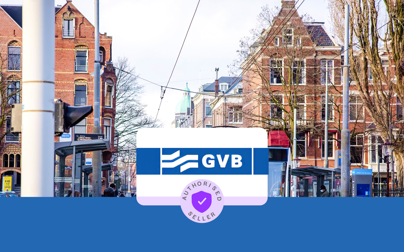 Tram stop in Amsterdam with GVB sign and historic buildings in the background.