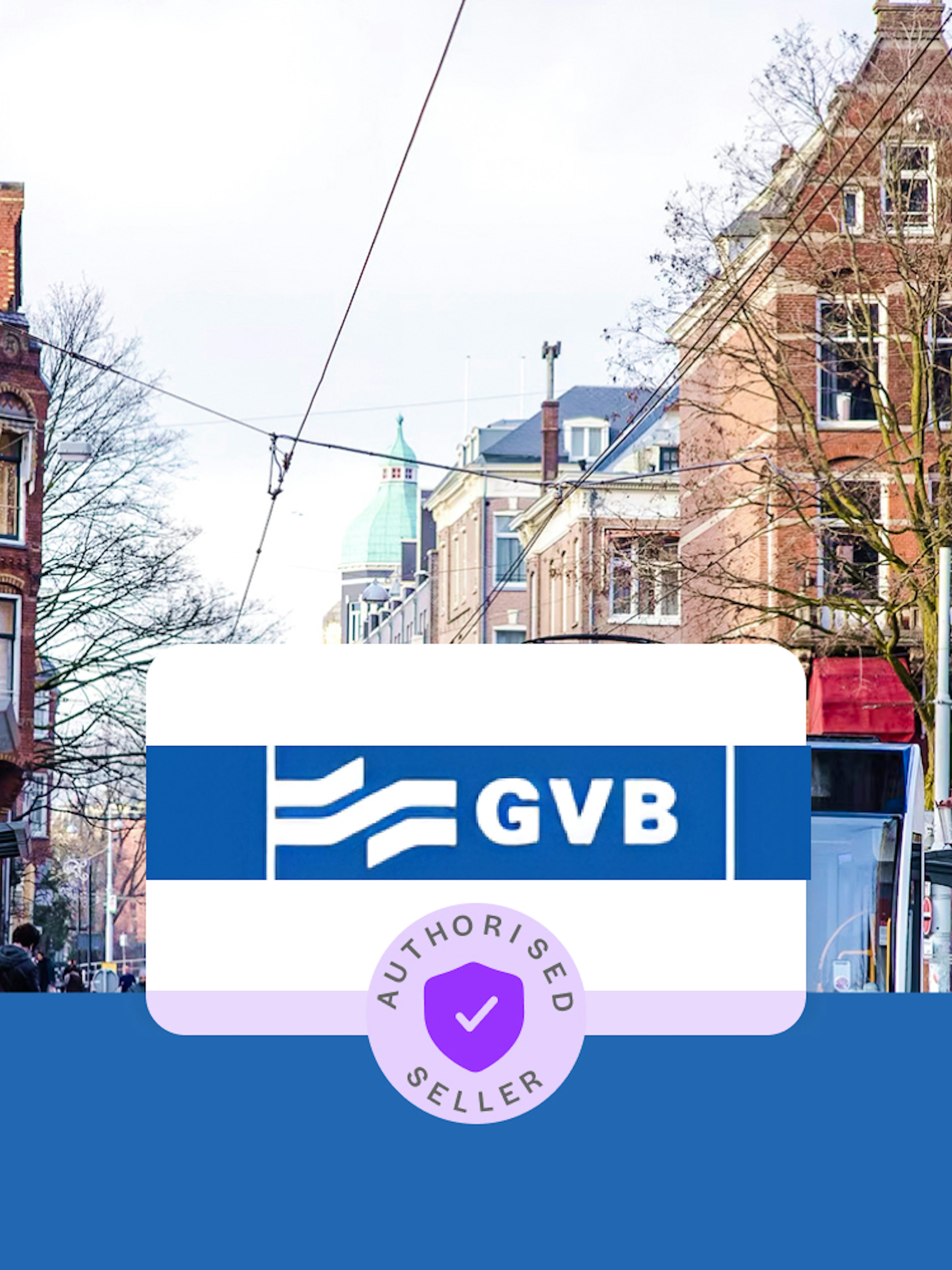 Tram stop in Amsterdam with GVB sign and historic buildings in the background.