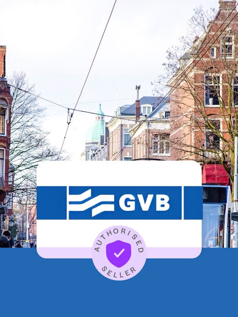 Tram stop in Amsterdam with GVB sign and historic buildings in the background.