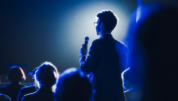 Audience member asking a question at Filmmakers panel Q&A, Harry Potter London Studios.