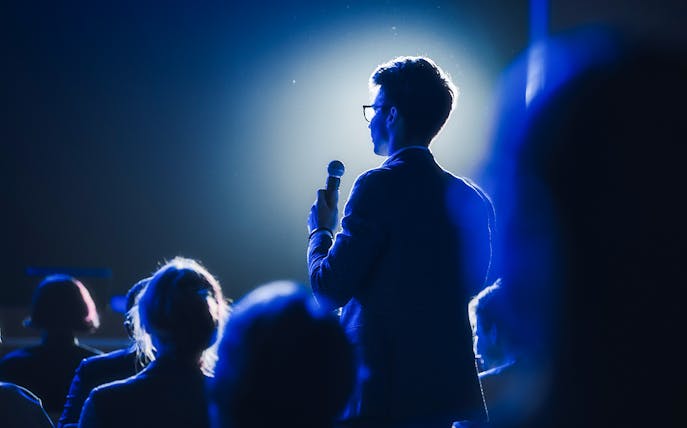 Audience member asking a question at Filmmakers panel Q&A, Harry Potter London Studios.