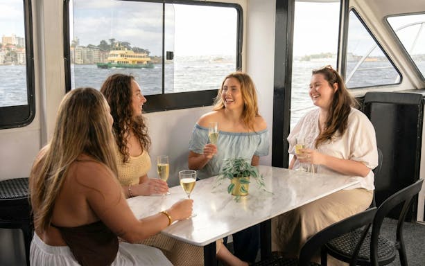 Women enjoying drinks on Sydney Harbour sunset cruise with city view.