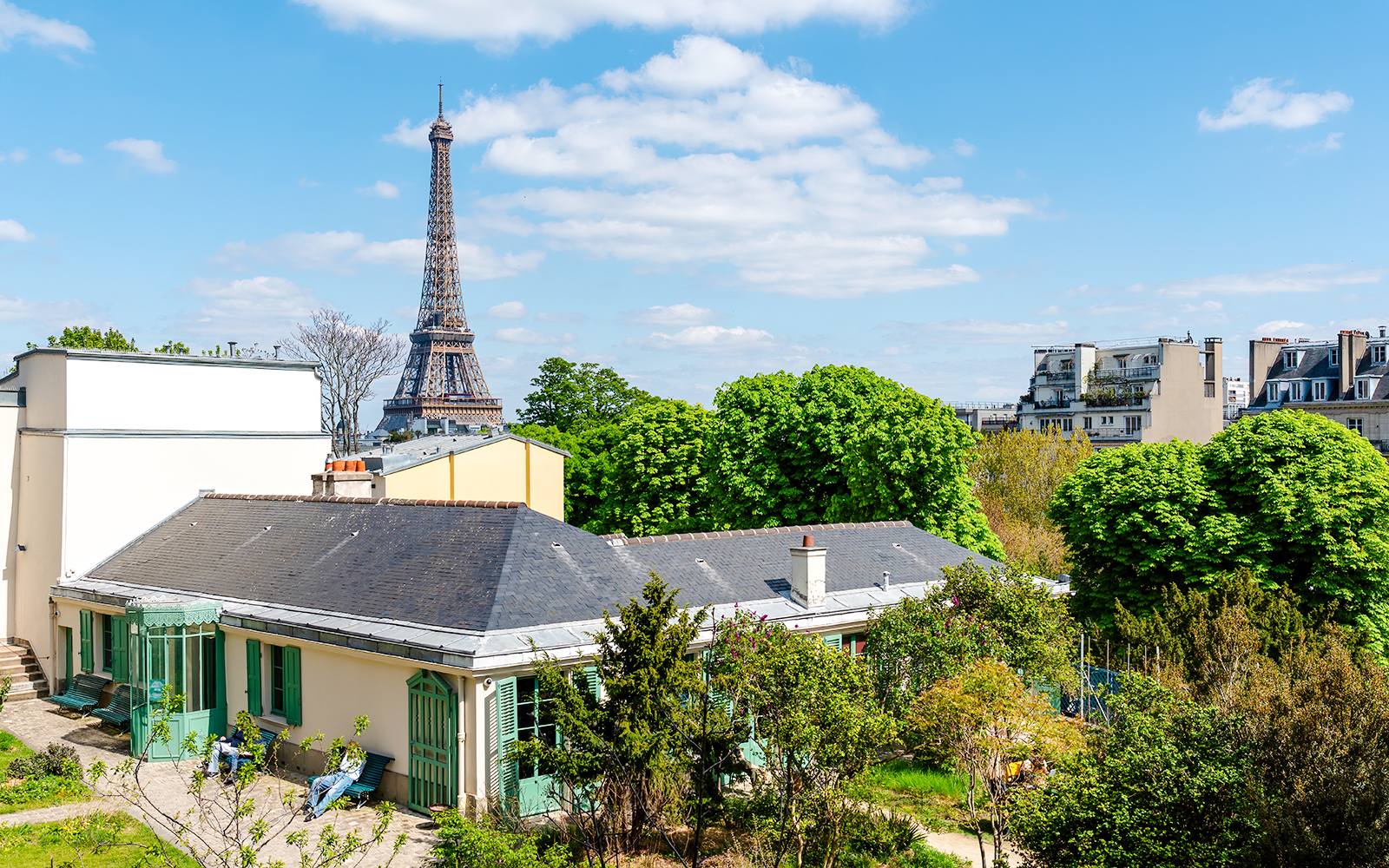 Maison de Balzac Garden with Eiffel Tower in background, Paris.