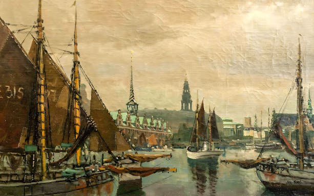 Sailing ships in a historic harbor scene, Galata Museo del Mare.