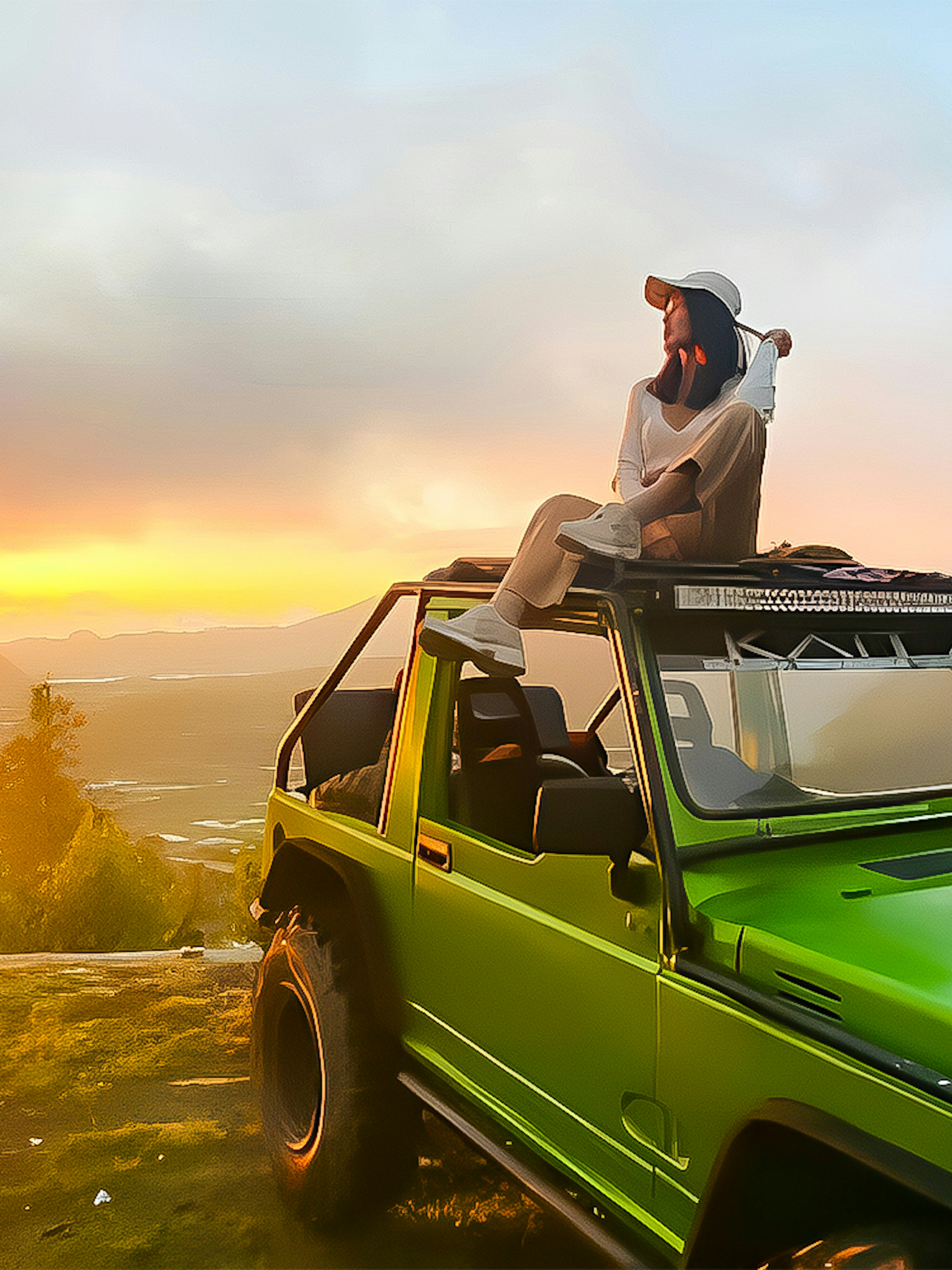Person sitting on a green jeep at Mount Batur sunrise, Bali.