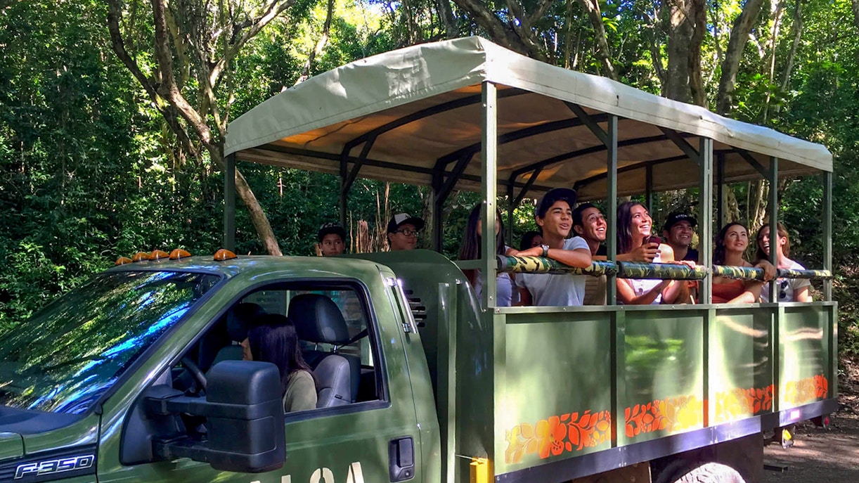 Tourists on an open-air truck during the Jurassic Adventure Tour at Kualoa Ranch, Hawaii.