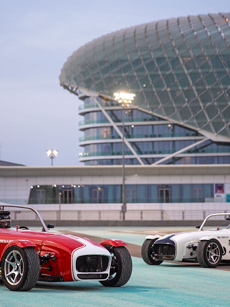 Caterham Seven 360 cars on Yas Marina Circuit track in Abu Dhabi.