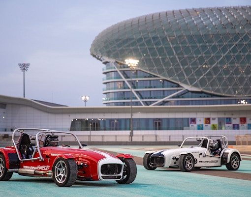 Caterham Seven 360 cars on Yas Marina Circuit track in Abu Dhabi.