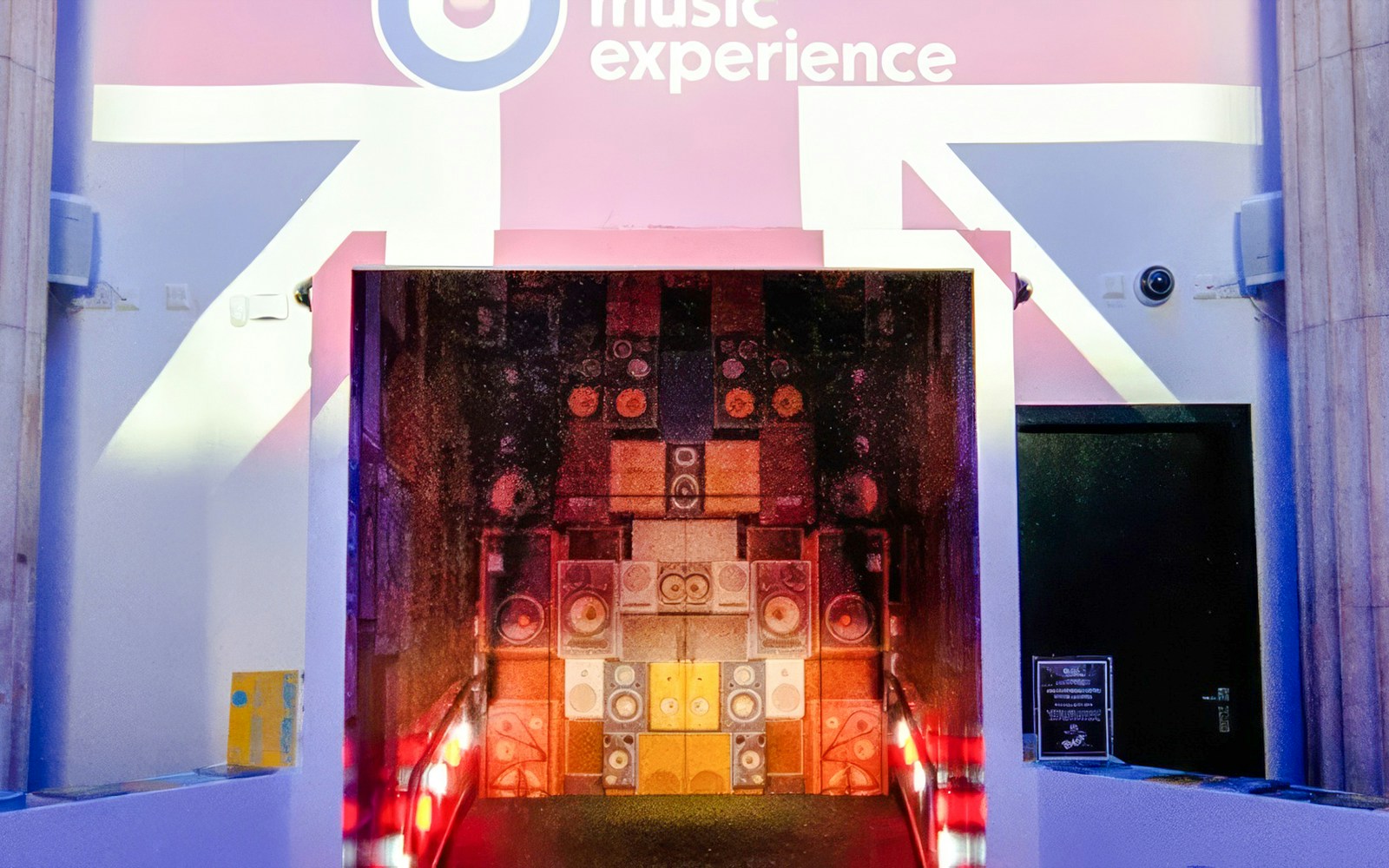 Entrance to the British Music Experience in Liverpool with speaker wall display.