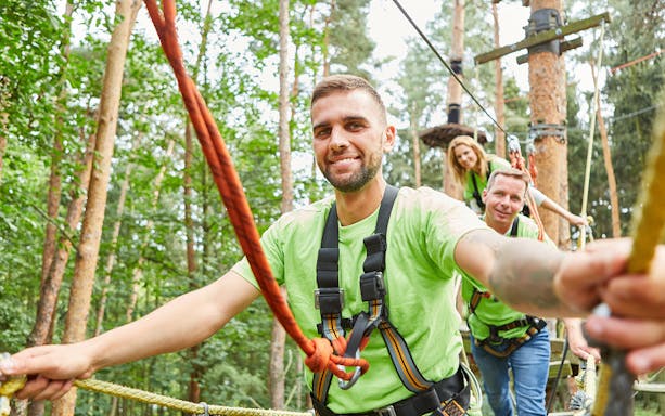 Team climbing high ropes course in forest.