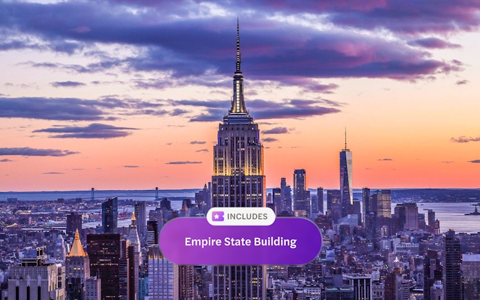 Empire State Building at sunset, New York City skyline.