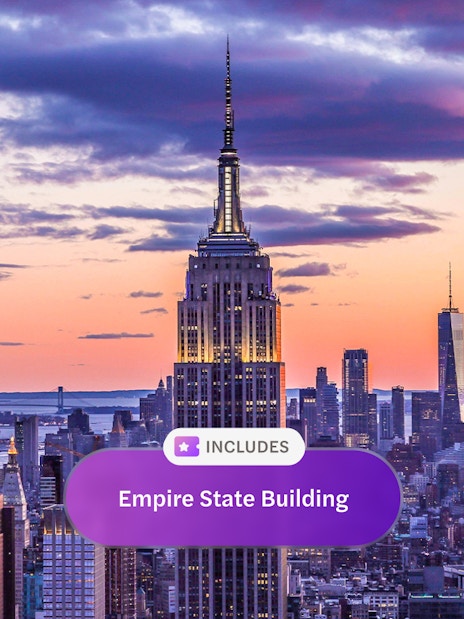 Empire State Building at sunset, New York City skyline.