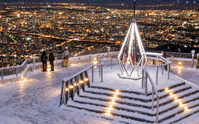 Snow-covered observation deck overlooking Sapporo city lights on Hokkaido Shrine and Atama Daibutsu tour.