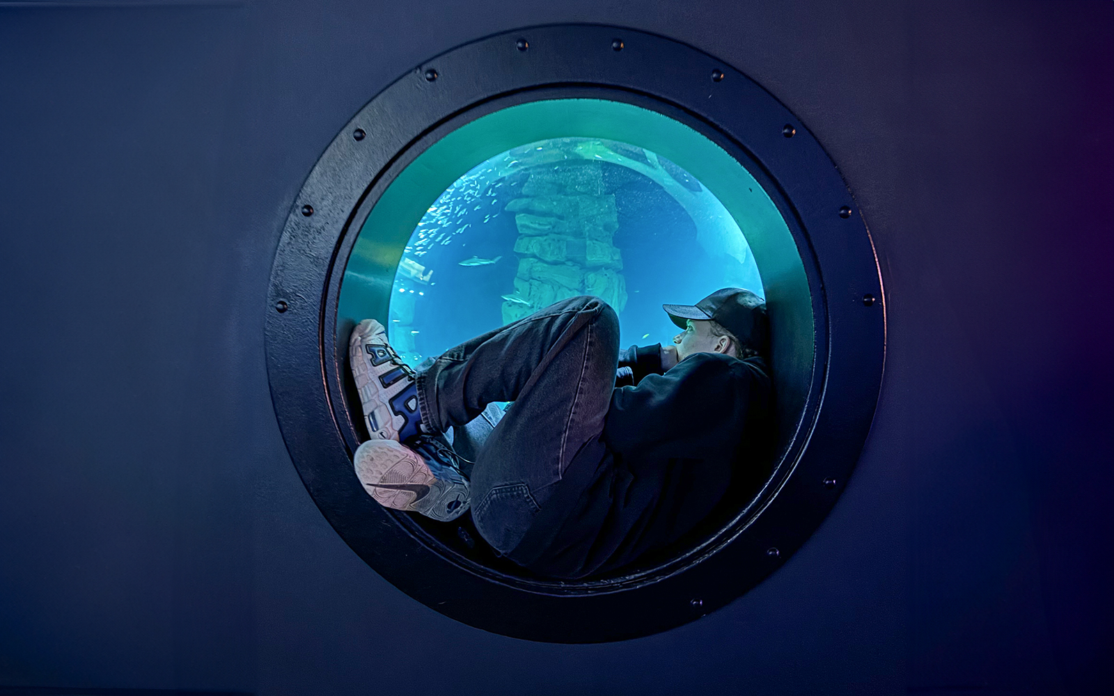 Person observing fish through a porthole at Aquarium de Paris.