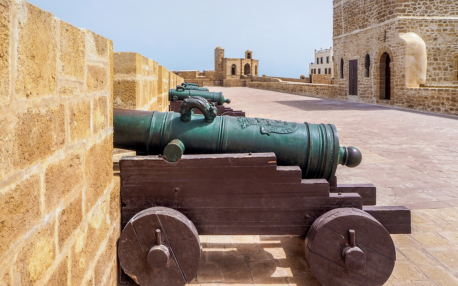 Cannons on the ramparts of Essaouira, Morocco, overlooking the Atlantic Ocean.