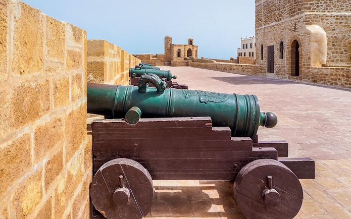 Cannons on the ramparts of Essaouira, Morocco, overlooking the Atlantic Ocean.