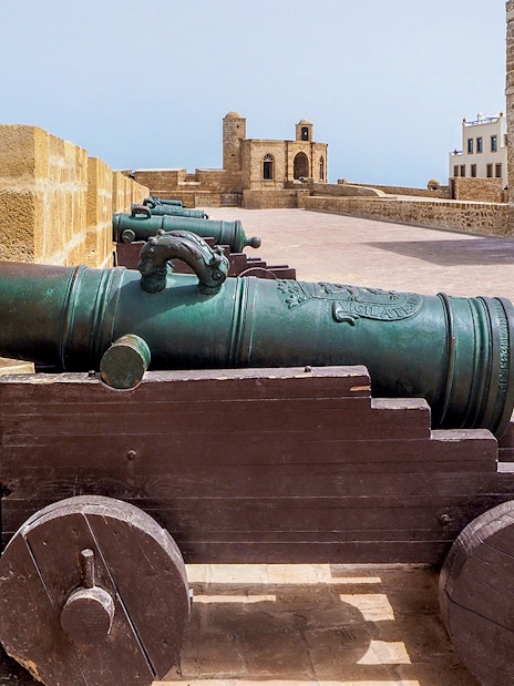 Cannons on the ramparts of Essaouira, Morocco, overlooking the Atlantic Ocean.