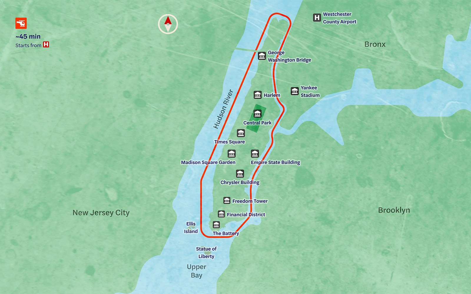 Helicopter tour route map from Westchester over NYC landmarks like Statue of Liberty and Central Park.