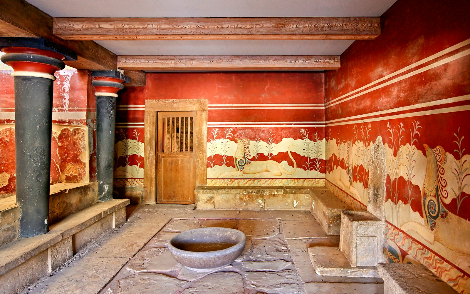 Fresco and basin at Knossos Palace archaeological site in Heraklion, Crete.