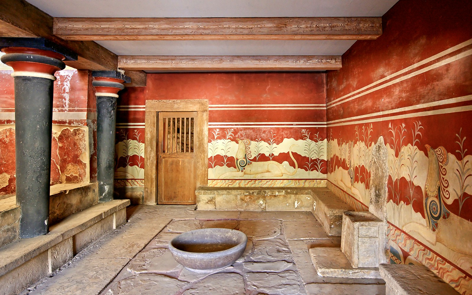 Fresco and basin at Knossos Palace archaeological site in Heraklion, Crete.