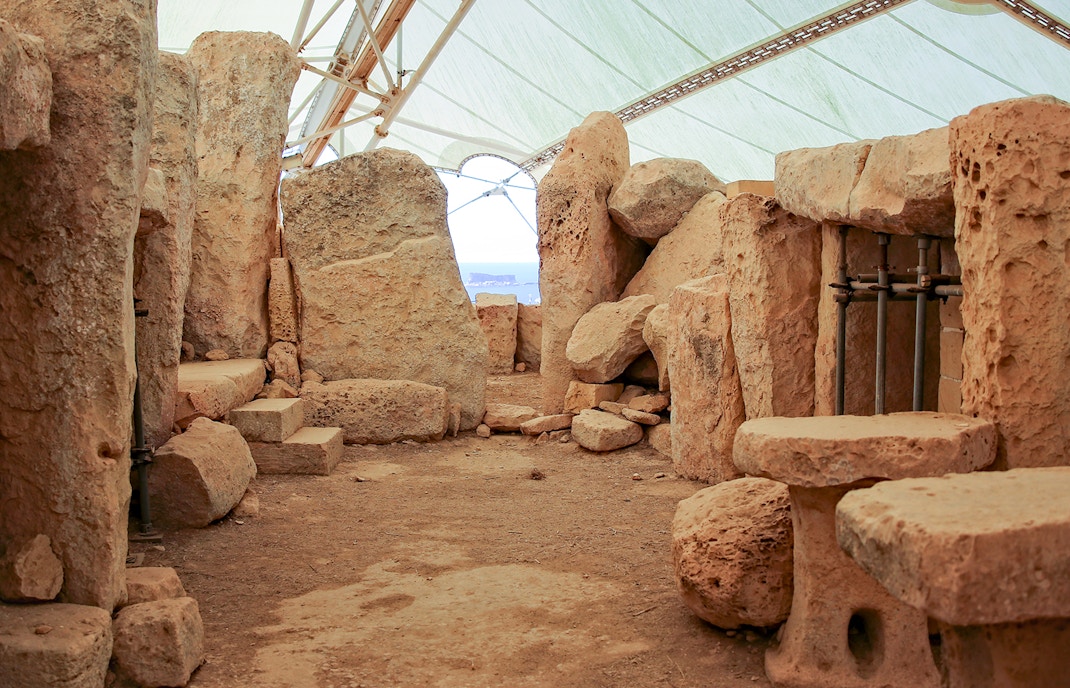 Hagar Qim temple remains in Malta with ancient limestone structures.