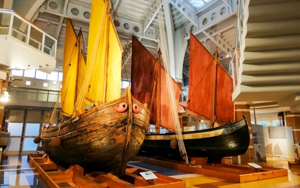 Sailing boats displayed at Cesenatico Maritime Museum, Italy.