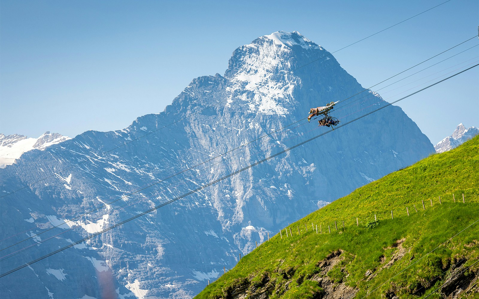 Paragliders soaring over Grindelwald's alpine landscape, showcasing the First Glider experience.