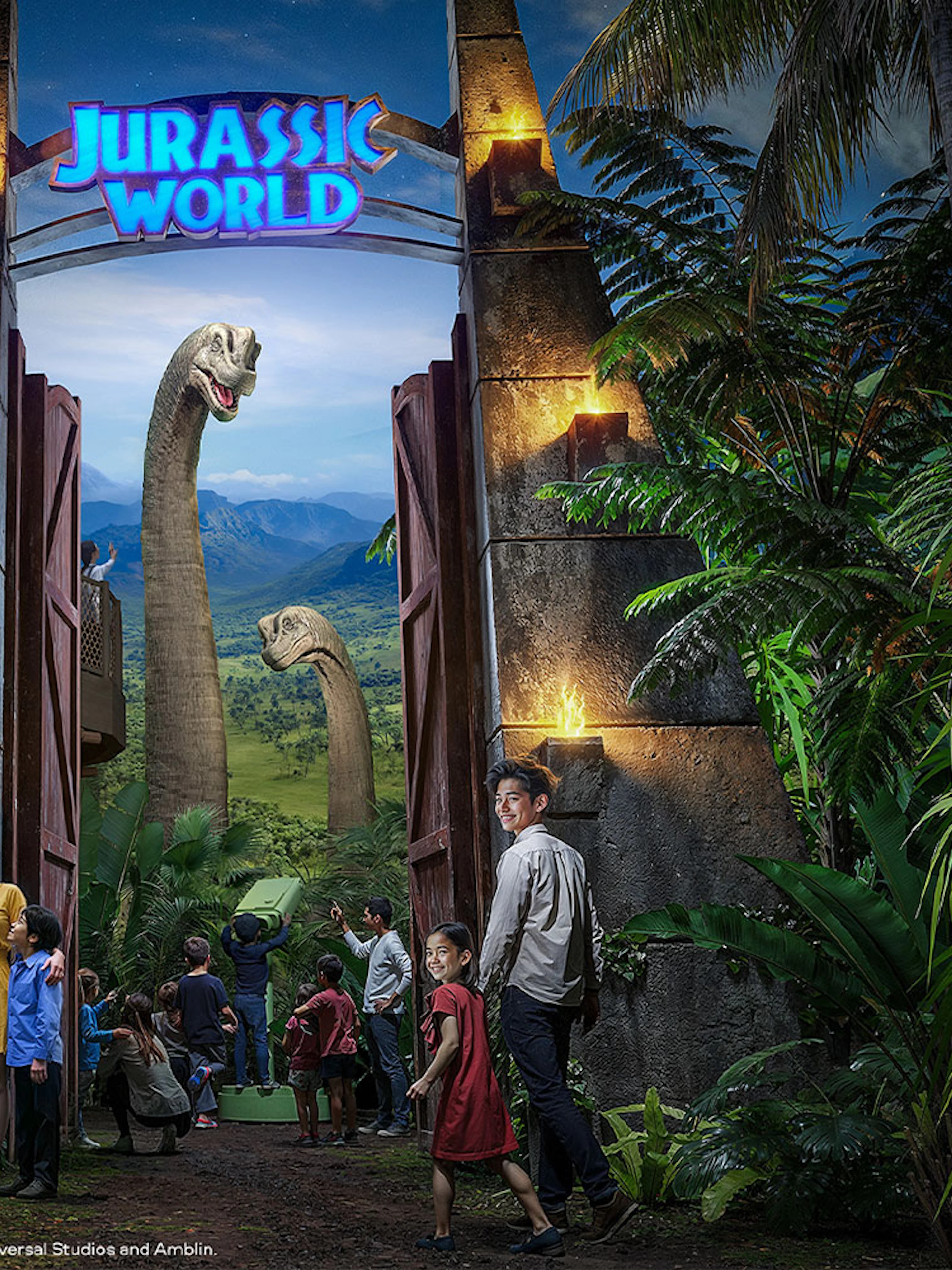 Visitors entering Jurassic World: The Experience with dinosaurs visible through the gate.